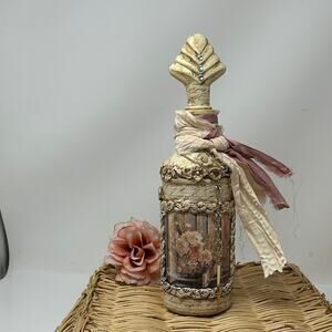 Vintage-Inspired Cream and Pink Accent Altered Bottle 9.5 inches tall